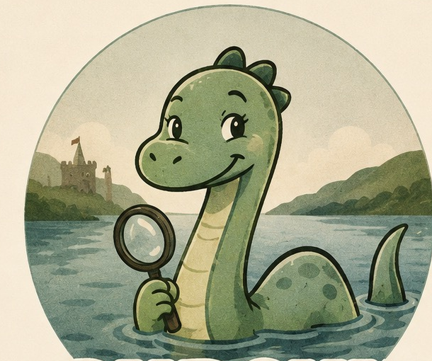 Purchy the Loch Ness monster holding a magnifying glass on the loch
